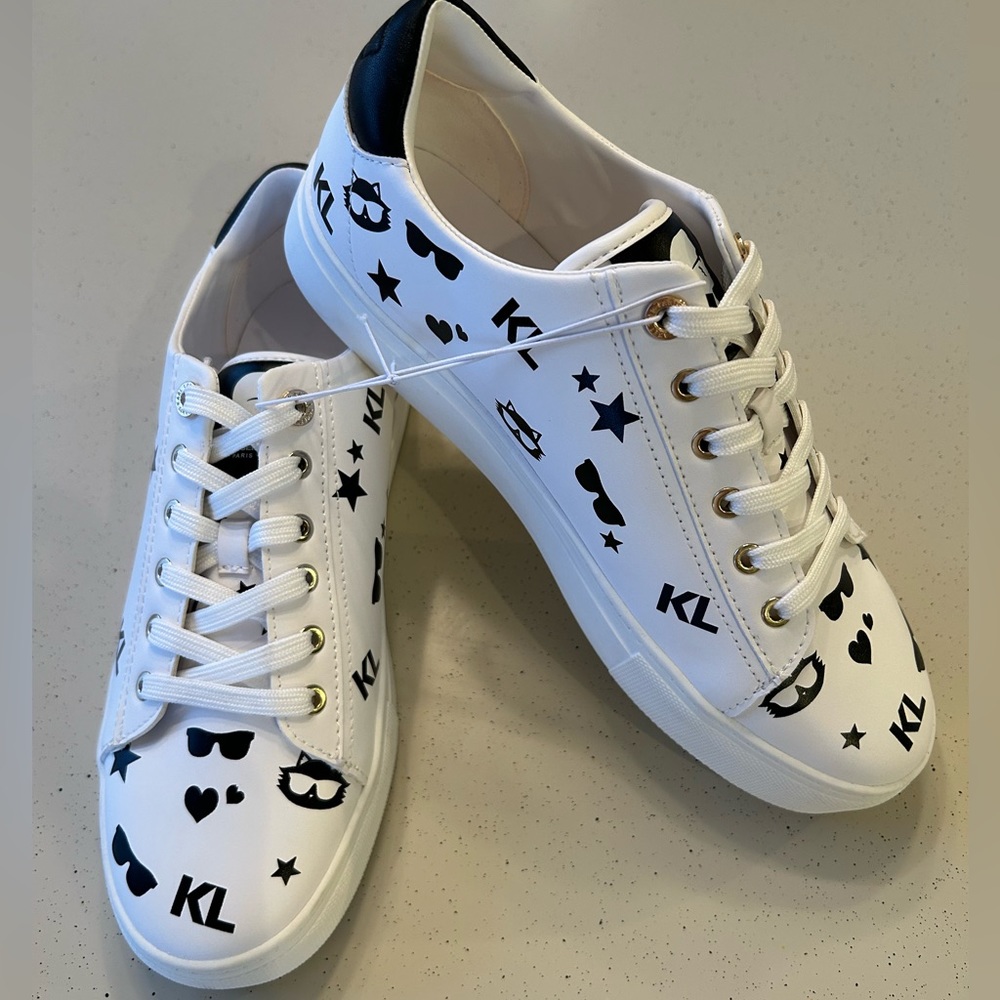 Karl Lagerfeld White Black Cate Choupette Print Sneakers Sz 9